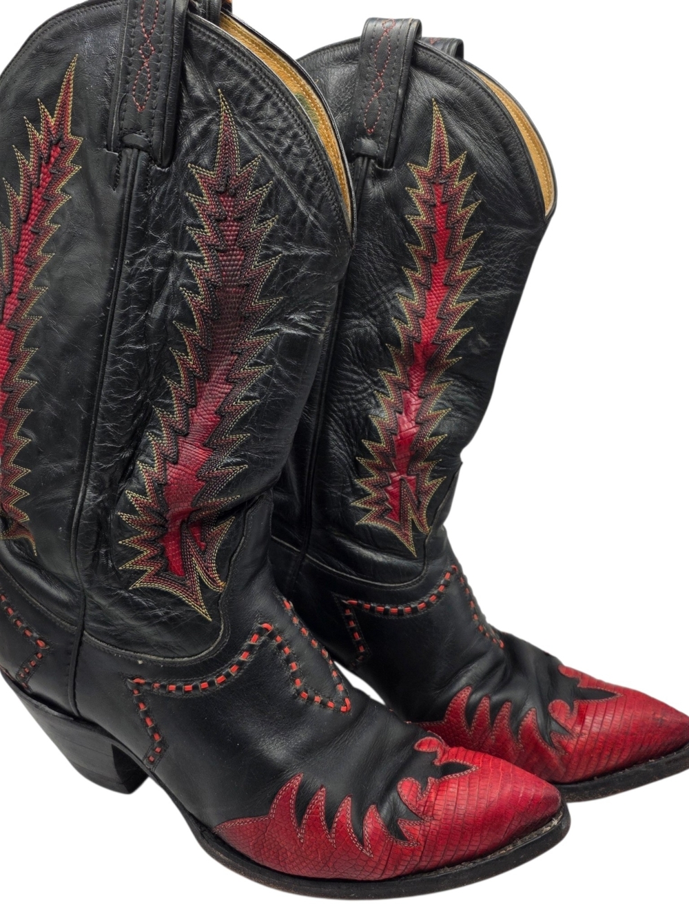 Vintage Tony Lama Fire Walker Black And Red Leather Western Cowboy Boots Pointed
